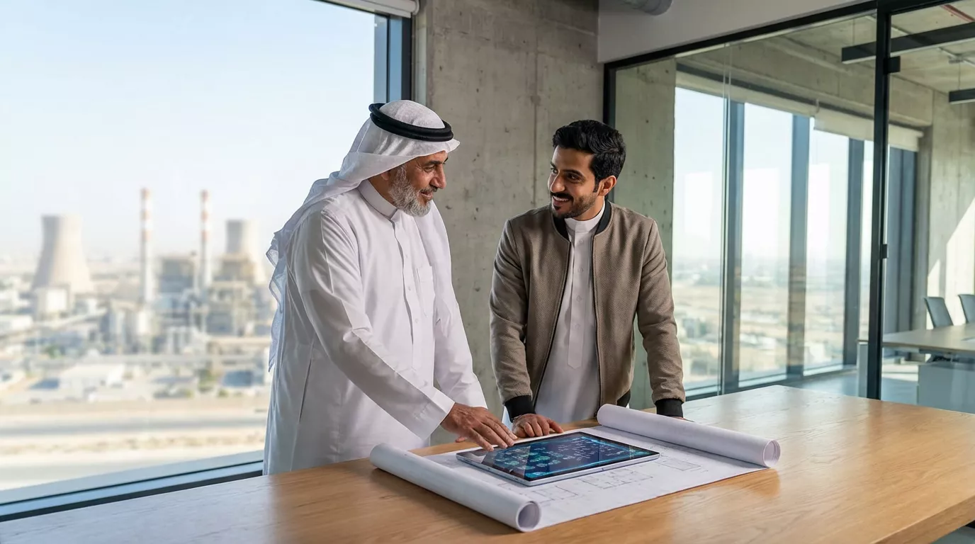 Two men in an office look at a tablet displaying digital designs laid out on architectural blueprints on a wooden table. The older man, in a white thobe and ghutra, points to the tablet, while the younger man, in a brown jacket, observes. Through large windows, an industrial facility with cooling towers is visible in the background.