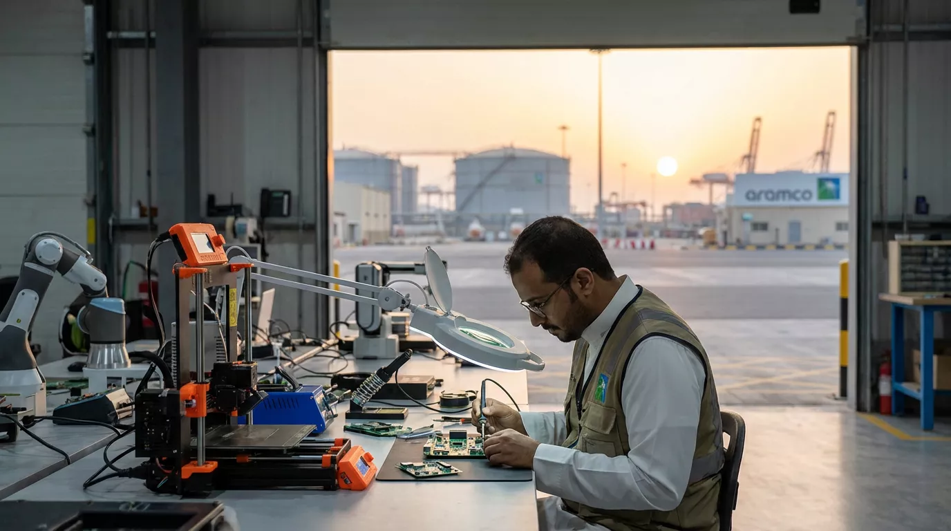 A man in safety glasses and a vest meticulously solders an electronic circuit board under a magnifying lamp at a workbench, with a 3D printer and robotic arm nearby. Through a large open doorway, industrial tanks, cranes, and an Aramco sign are visible against a bright sky at sunset or sunrise.